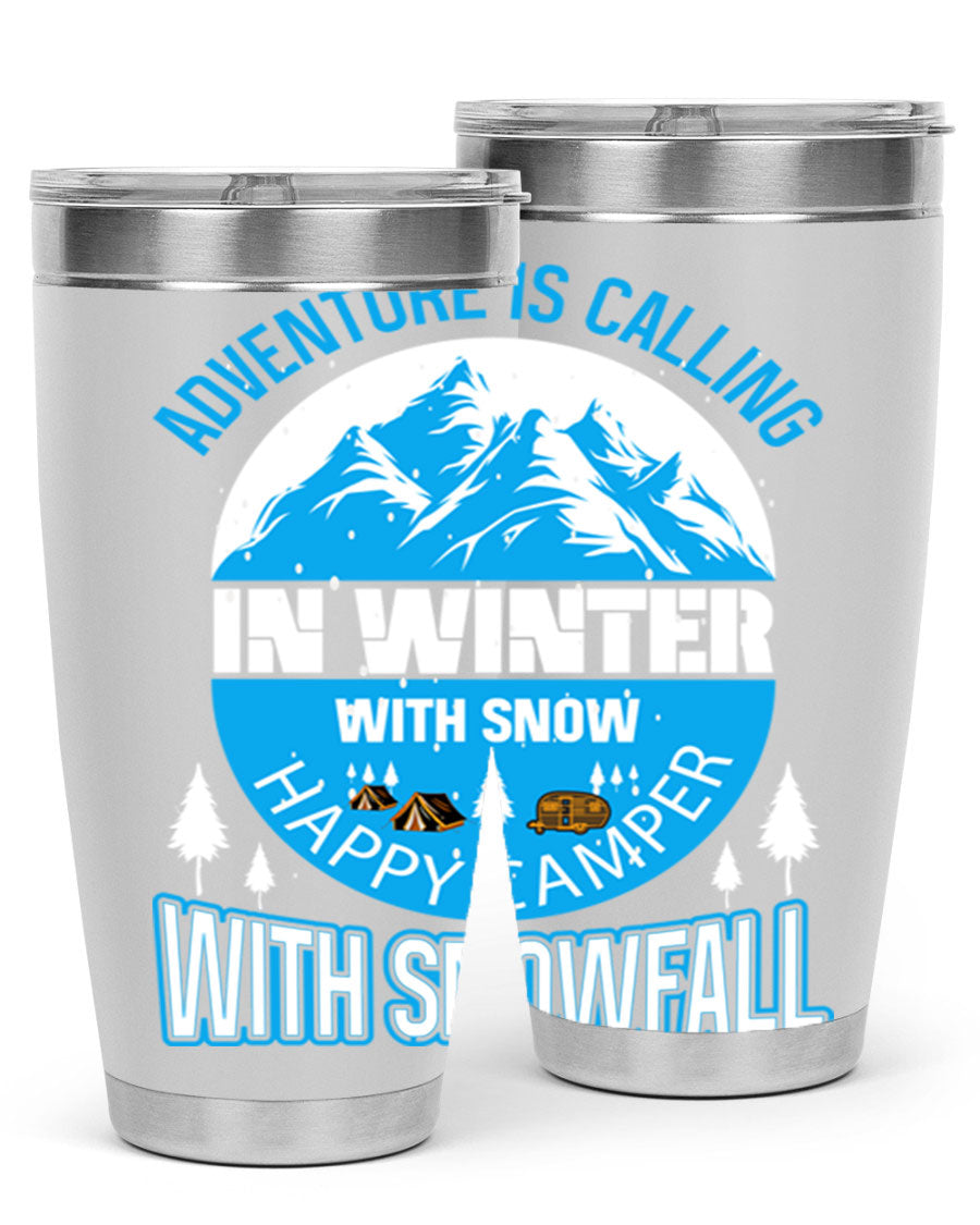 Camping Winter 39# Tumbler in stainless steel with a drink-thru lid, showcasing its sleek design and double wall insulation.